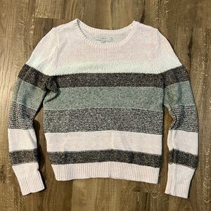 LOFT Striped Crewneck Sweater - Light Pink, Sage Green, Brown